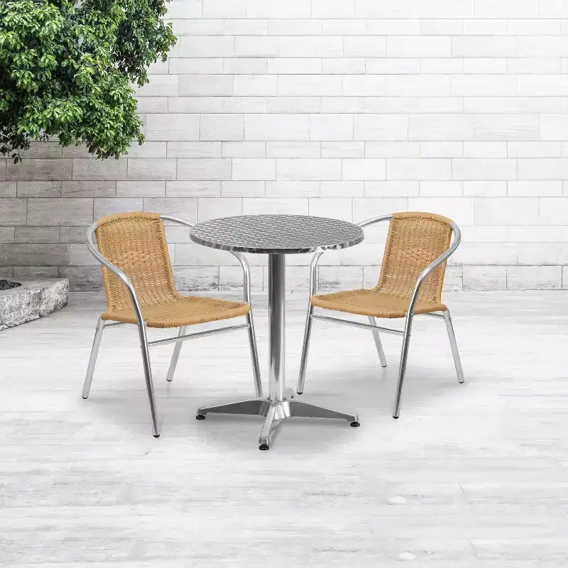 Set da tavola Flash Furniture Lila rotondo da 23,5" in alluminio per interni-esterni con 2 sedie in rattan