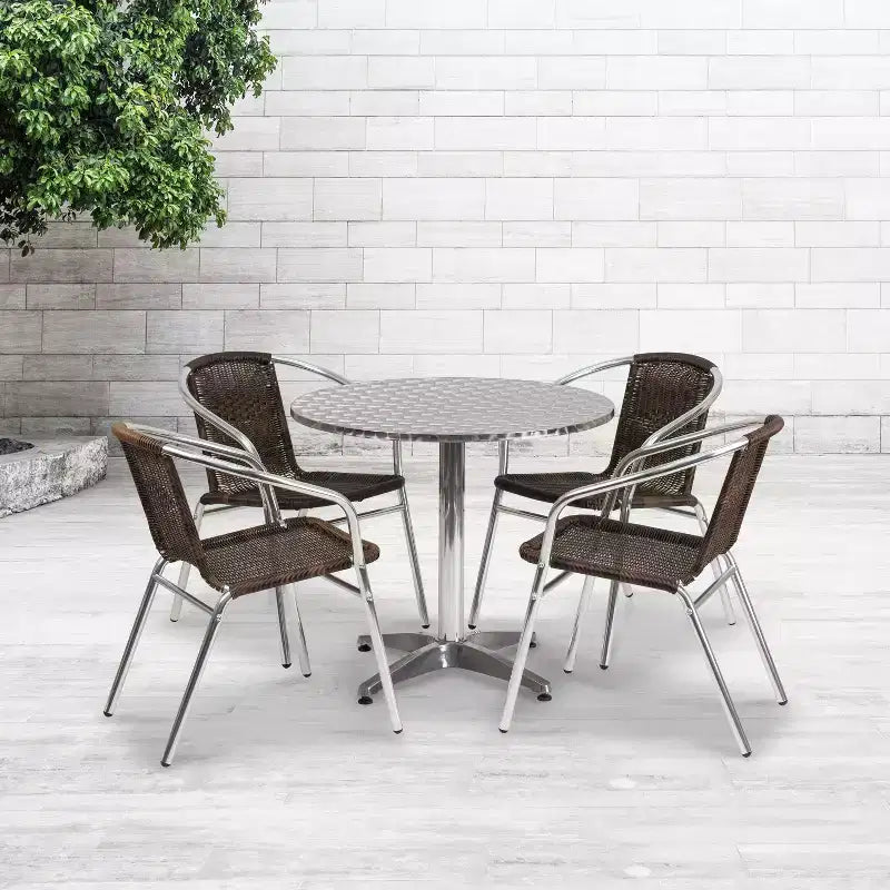 Flash Furniture Lila Set Tavolo Rotondo 31,5" in Alluminio per Interni/Esterni con 4 Sedie in Rattan