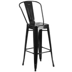 Ensemble table de bar d'intérieur-extérieur carrée en métal Emma and Oliver de qualité commerciale 23.75, 2 tabourets à dossier