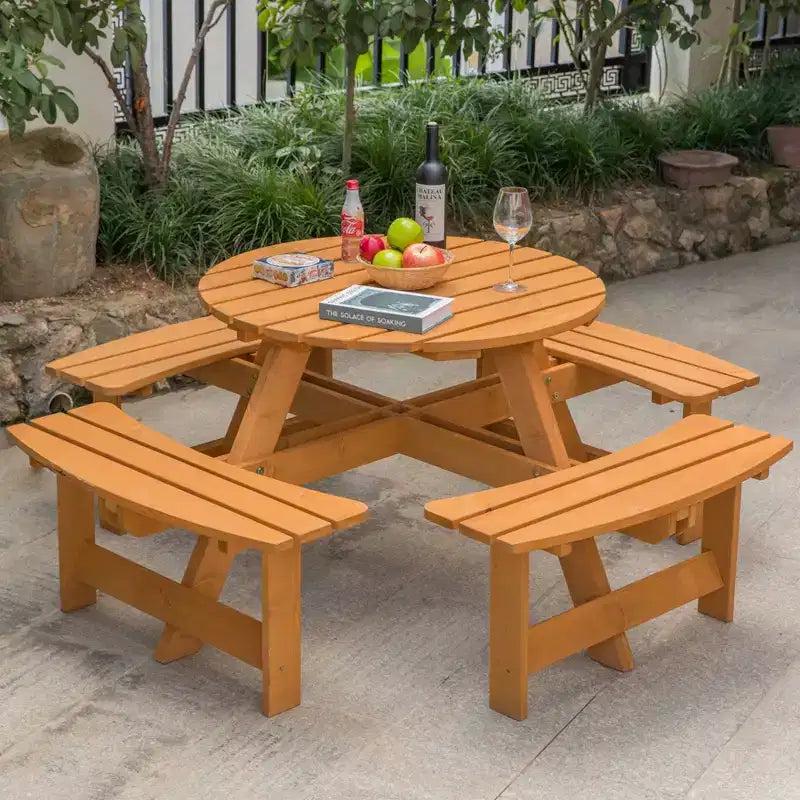 Table de pique-nique ronde en bois avec banc, pour 8 personnes, pour jardin et terrasse, de Gardenised