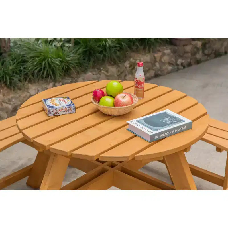 Table de pique-nique ronde en bois avec banc, pour 8 personnes, pour jardin et terrasse, de Gardenised