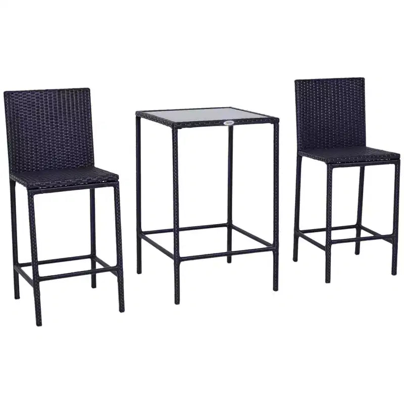 Outsunny 3 PCS Rattan Bar Set with Glass Top Table, 2 Bar Stools for Outdoor, Patio, Garden, Poolside, Backyard