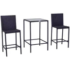 Outsunny 3 PCS Rattan Bar Set with Glass Top Table, 2 Bar Stools for Outdoor, Patio, Garden, Poolside, Backyard