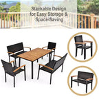 Costway Set da Pranzo per Esterni 5 pz in Rattan con Piano Tavolo in Legno di Acacia Sedie Impilabili e Panca