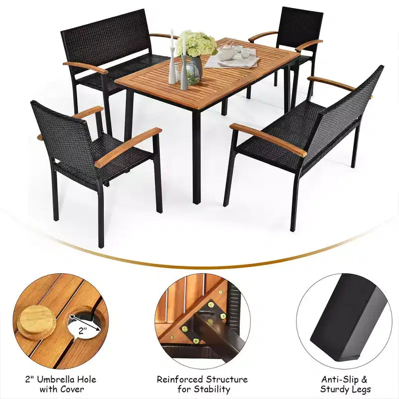 Costway Set da Pranzo per Esterni 5 pz in Rattan con Piano Tavolo in Legno di Acacia Sedie Impilabili e Panca