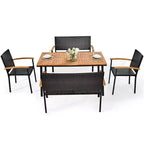 Costway Set da Pranzo per Esterni 5 pz in Rattan con Piano Tavolo in Legno di Acacia Sedie Impilabili e Panca