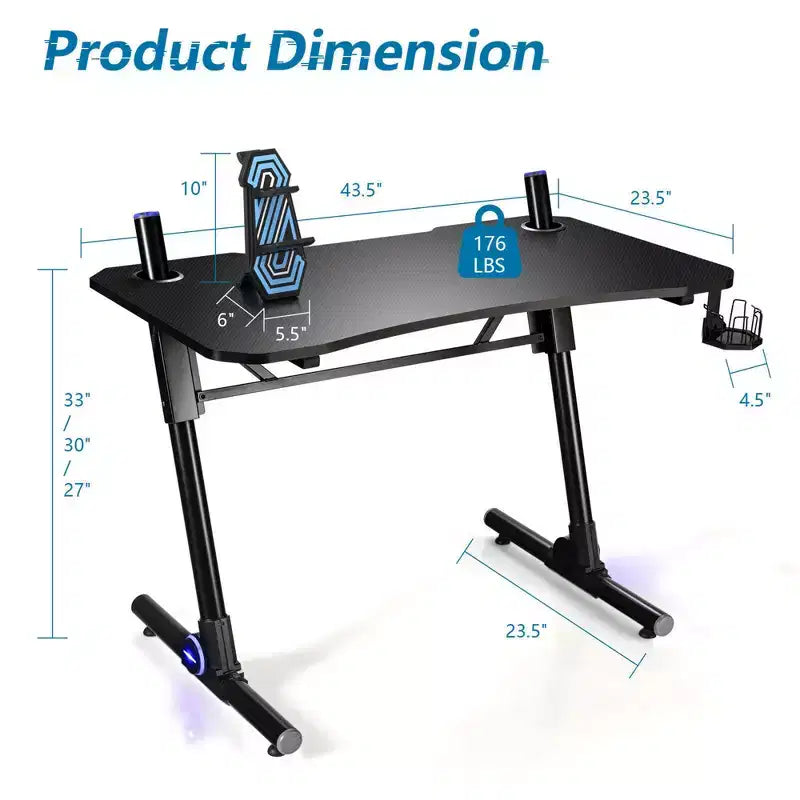 Bureau d'ordinateur de jeu Costway réglable en hauteur avec éclairage LED et support de manette de jeu