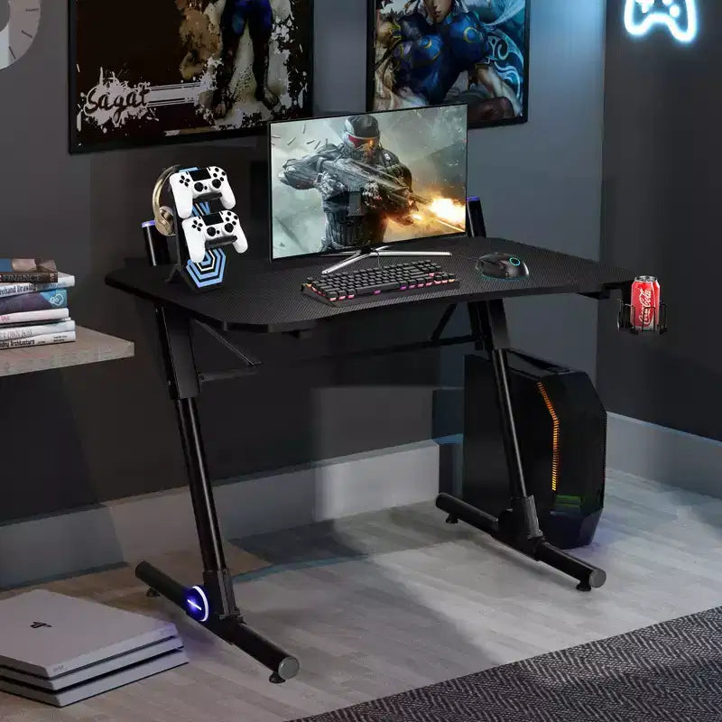 Bureau d'ordinateur de jeu Costway réglable en hauteur avec éclairage LED et support de manette de jeu