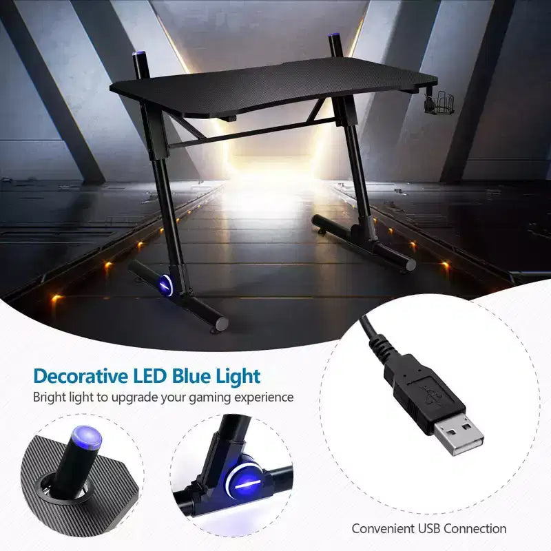 Bureau d'ordinateur de jeu Costway réglable en hauteur avec éclairage LED et support de manette de jeu