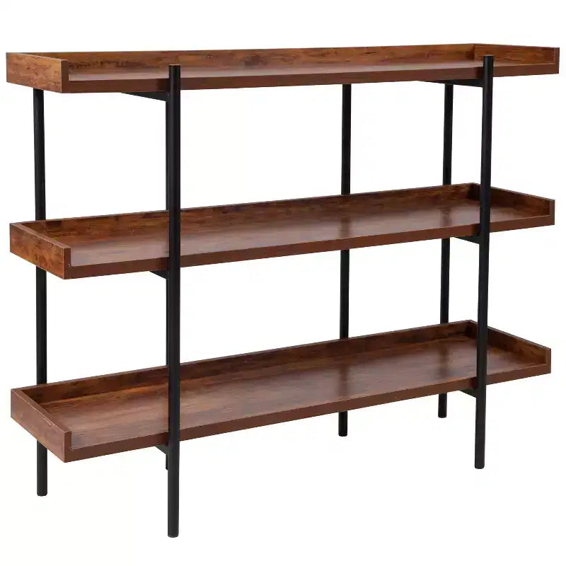 Merrick Lane Industrial Style Rustic Brown 3 Tiered Shelving Unit With Black Metal Frame and Raised Border - 35H