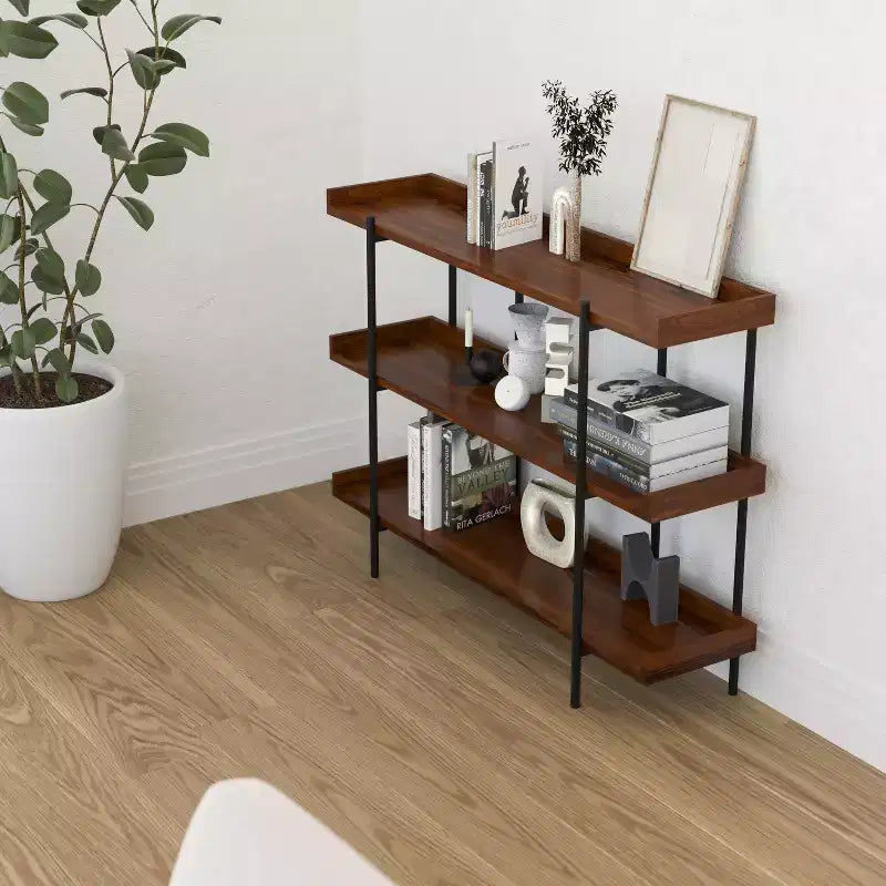 Merrick Lane Étagère à 3 niveaux de style industriel rustique marron avec cadre en métal noir et bordure surélevée - 35H