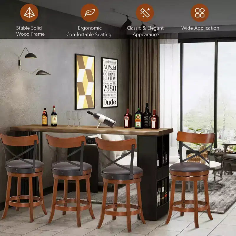 Costway Lot de 2 tabourets de bar pivotants de 63,5 cm Chaises de salle à manger avec pieds en bois d'hévéa