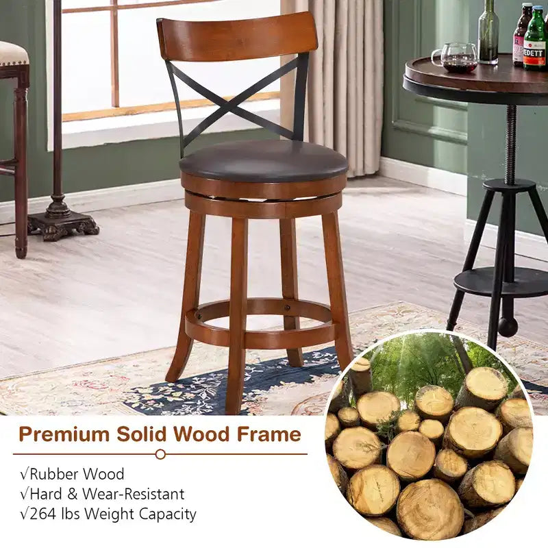 Costway Lot de 2 tabourets de bar pivotants de 63,5 cm Chaises de salle à manger avec pieds en bois d'hévéa