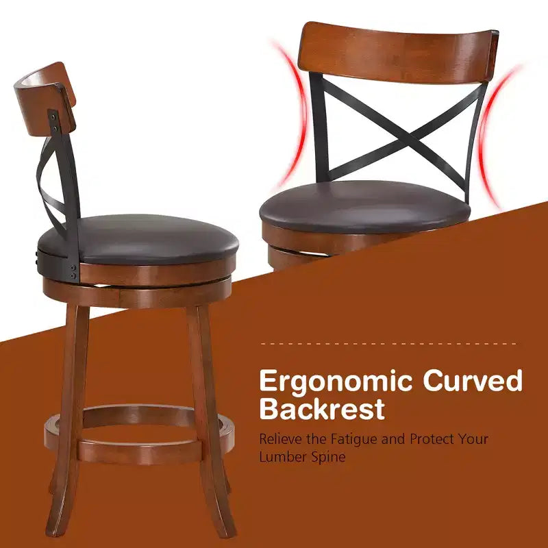 Costway Lot de 2 tabourets de bar pivotants de 63,5 cm Chaises de salle à manger avec pieds en bois d'hévéa