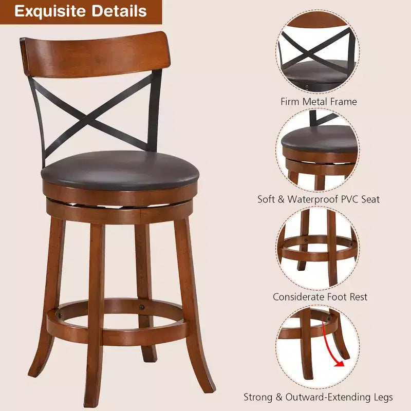 Costway Lot de 2 tabourets de bar pivotants de 63,5 cm Chaises de salle à manger avec pieds en bois d'hévéa