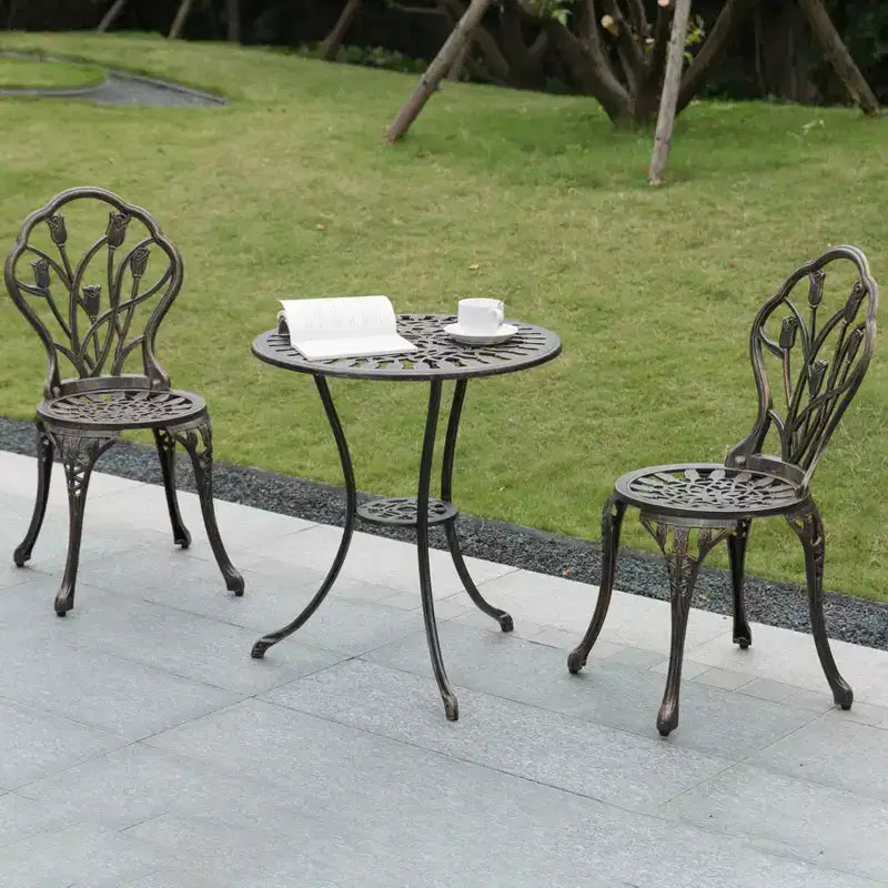 Set da pranzo da giardino per interni ed esterni Gardenised in bronzo, 2 sedie con 1 tavolo, in alluminio pressofuso, per patio e bistrot.