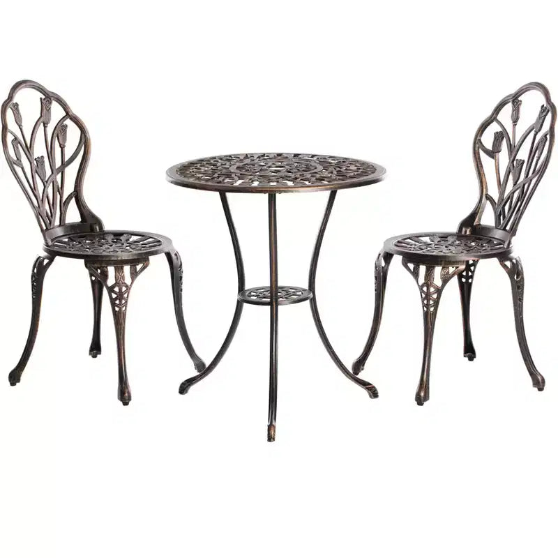 Set da pranzo da giardino per interni ed esterni Gardenised in bronzo, 2 sedie con 1 tavolo, in alluminio pressofuso, per patio e bistrot.