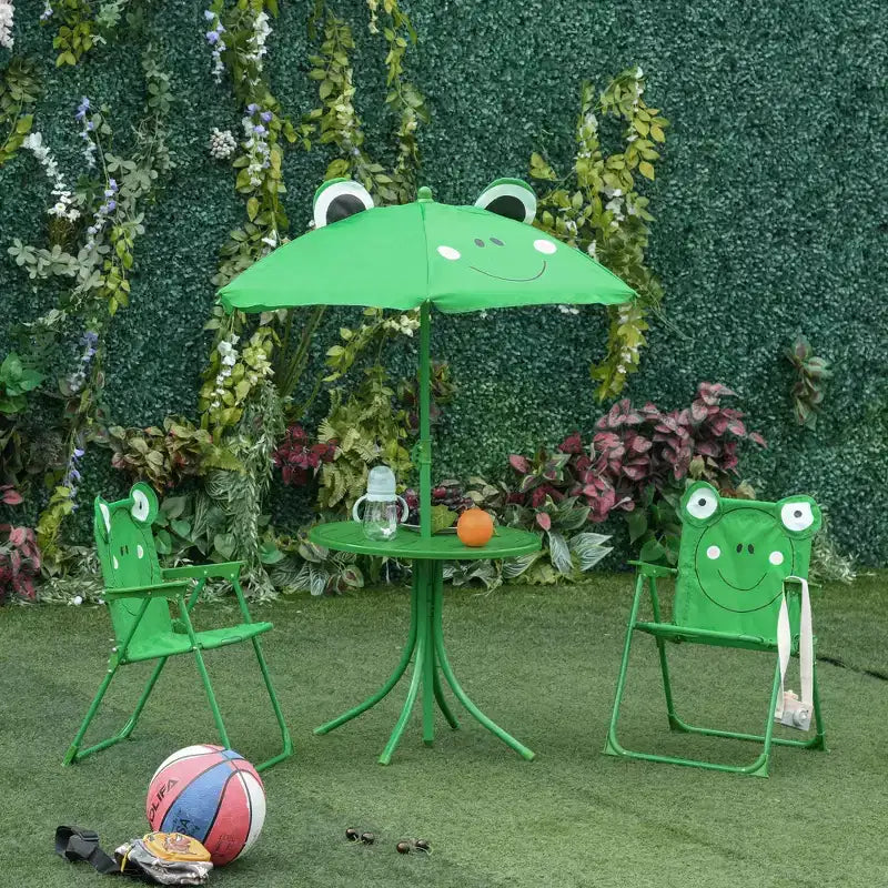 Outsunny Set Tavolo e Sedie Pieghevoli per Bambini, Tavolo da Picnic con Motivo a Rana Rimovibile e Ombrellone Parasole Regolabile in Altezza per Giardino, Cortile, Verde