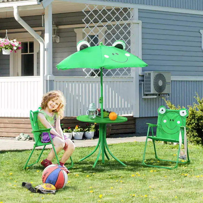 Outsunny Set Tavolo e Sedie Pieghevoli per Bambini, Tavolo da Picnic con Motivo a Rana Rimovibile e Ombrellone Parasole Regolabile in Altezza per Giardino, Cortile, Verde