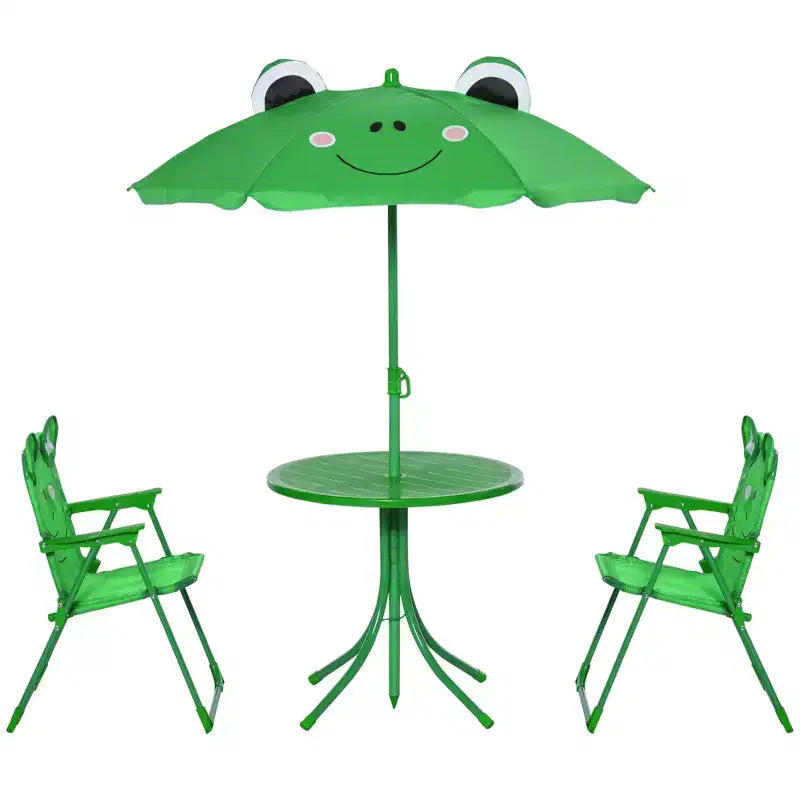 Outsunny Set Tavolo e Sedie Pieghevoli per Bambini, Tavolo da Picnic con Motivo a Rana Rimovibile e Ombrellone Parasole Regolabile in Altezza per Giardino, Cortile, Verde