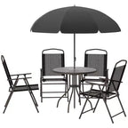 Set da pranzo da giardino Outsunny 6 pezzi per 4 persone con ombrellone, 4 sedie pieghevoli e tavolo rotondo in vetro per giardino, cortile e bordo piscina