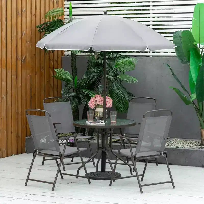 Set da pranzo da giardino Outsunny 6 pezzi per 4 persone con ombrellone, 4 sedie pieghevoli e tavolo rotondo in vetro per giardino, cortile e bordo piscina