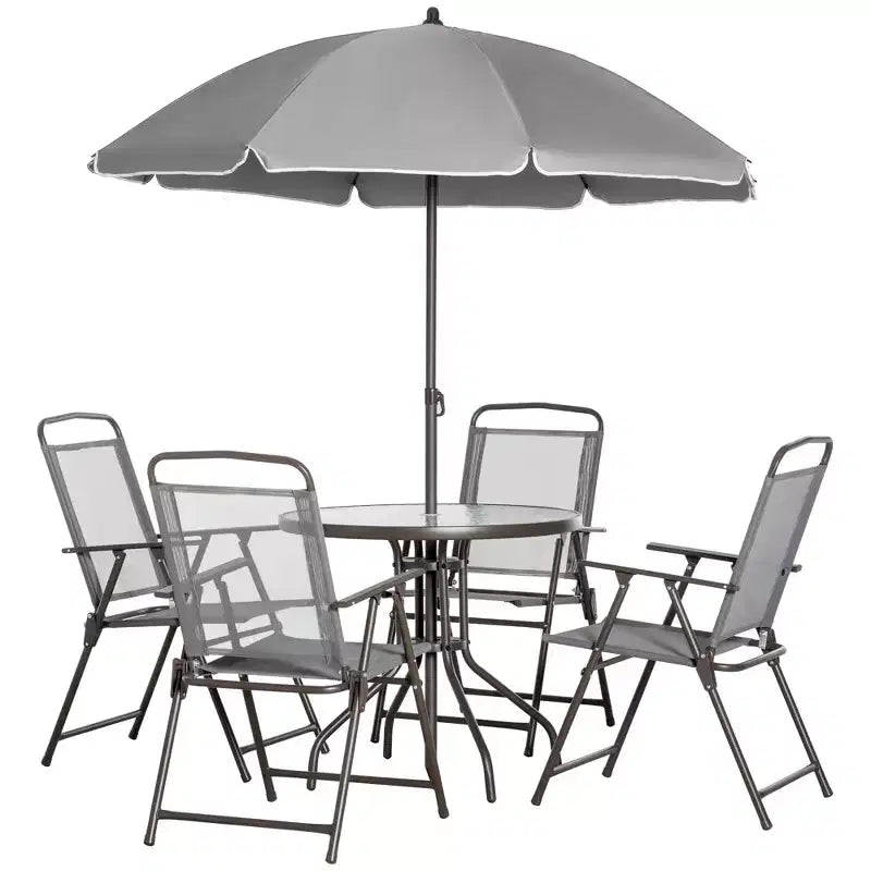 Set da pranzo da giardino Outsunny 6 pezzi per 4 persone con ombrellone, 4 sedie pieghevoli e tavolo rotondo in vetro per giardino, cortile e bordo piscina