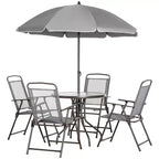 Set da pranzo da giardino Outsunny 6 pezzi per 4 persone con ombrellone, 4 sedie pieghevoli e tavolo rotondo in vetro per giardino, cortile e bordo piscina