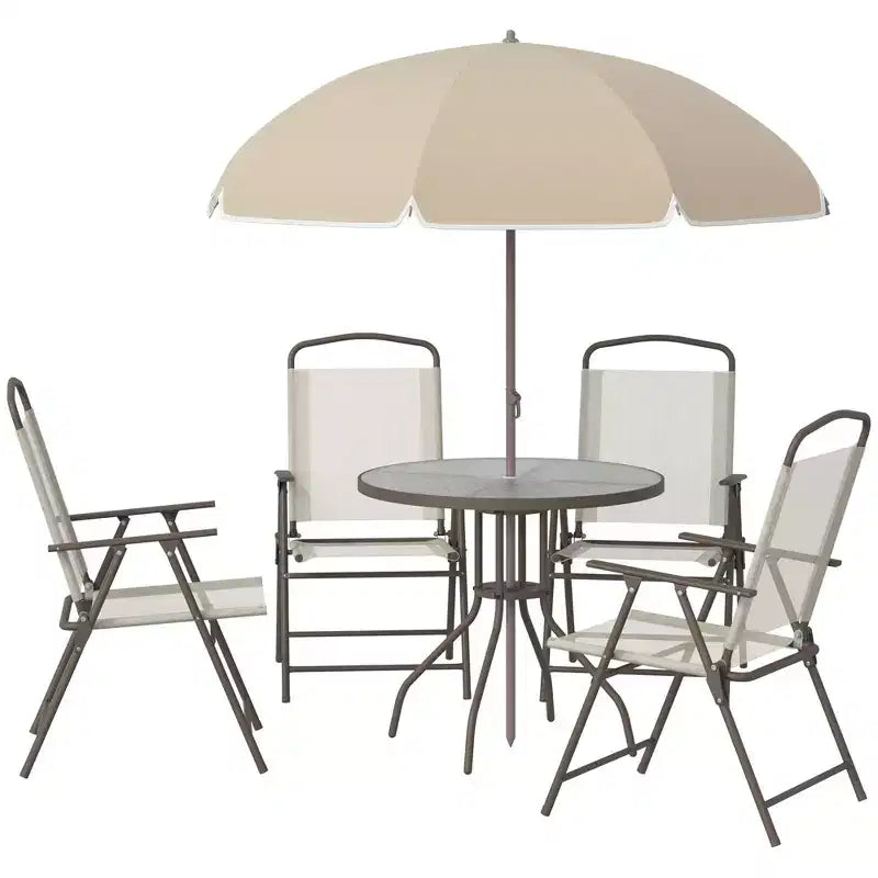 Set da pranzo da giardino Outsunny 6 pezzi per 4 persone con ombrellone, 4 sedie pieghevoli e tavolo rotondo in vetro per giardino, cortile e bordo piscina