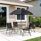 Set da pranzo da giardino Outsunny 6 pezzi per 4 persone con ombrellone, 4 sedie pieghevoli e tavolo rotondo in vetro per giardino, cortile e bordo piscina