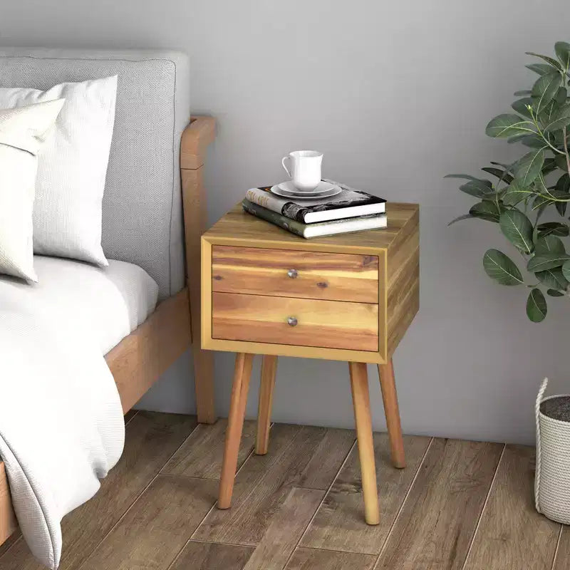 Comodino in legno Costway, 2 pezzi, tavolo laterale di metà secolo con 2 cassetti portaoggetti