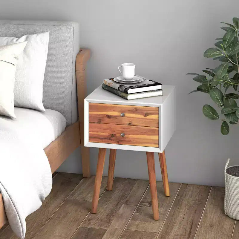 Comodino in legno Costway, 2 pezzi, tavolo laterale di metà secolo con 2 cassetti portaoggetti