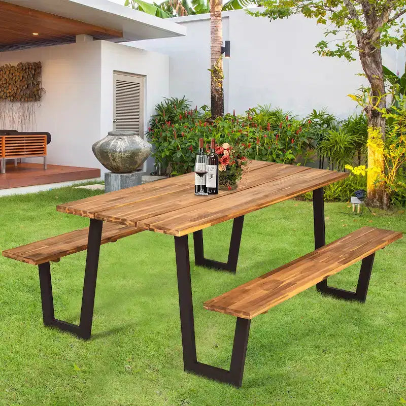 Costway Table de pique-nique brevetée avec 2 bancs, ensemble de table à manger de 178 cm avec sièges et trou pour parasol
