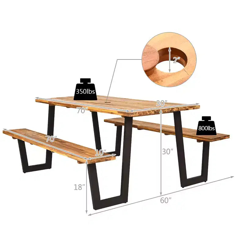 Costway Table de pique-nique brevetée avec 2 bancs, ensemble de table à manger de 178 cm avec sièges et trou pour parasol