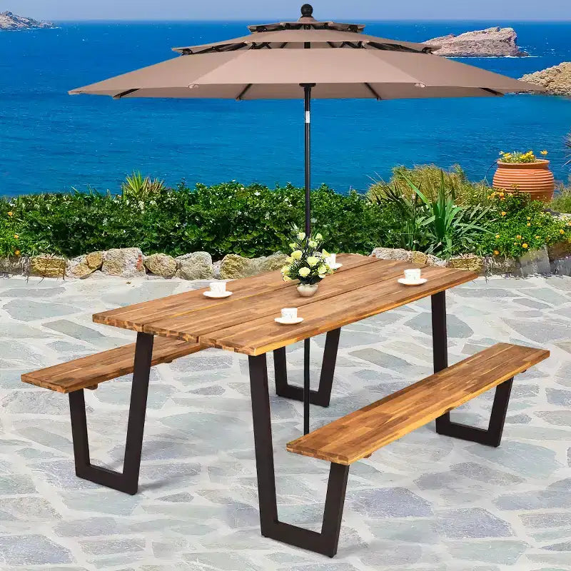 Costway Table de pique-nique brevetée avec 2 bancs, ensemble de table à manger de 178 cm avec sièges et trou pour parasol