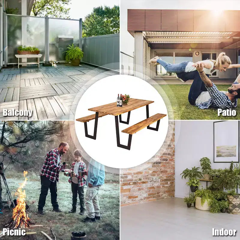 Costway Table de pique-nique brevetée avec 2 bancs, ensemble de table à manger de 178 cm avec sièges et trou pour parasol