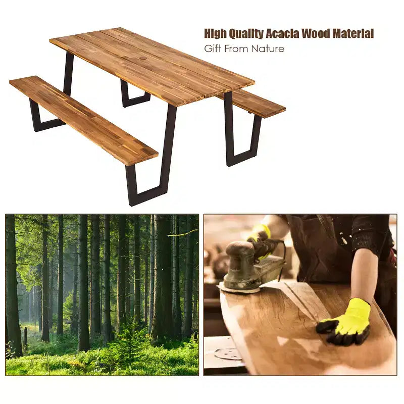 Costway Table de pique-nique brevetée avec 2 bancs, ensemble de table à manger de 178 cm avec sièges et trou pour parasol