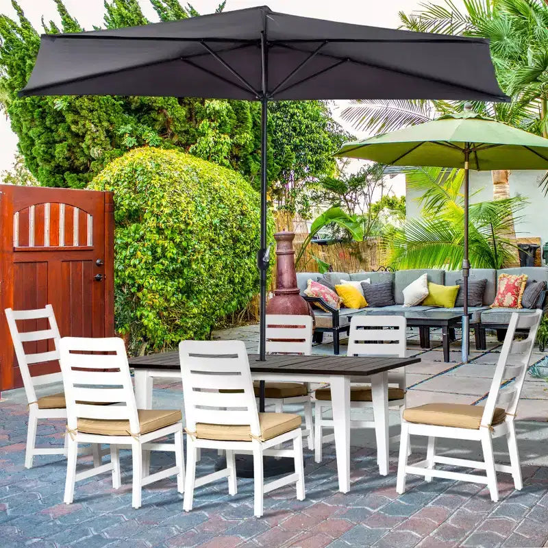 Outsunny Set da Pranzo da Esterno per 6 Persone, Set Mobili da Giardino con Tavolo e Sedie, Cuscini, Foro per Ombrellone, per Giardino, Cortile o Bordo Piscina, Beige