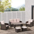 Outsunny Set da Pranzo per Esterni 6 Pezzi, Set di Mobili in Rattan Intrecciato Resistente alle Intemperie con Tavolo con Piano Effetto Legno e Cuscini Morbidi