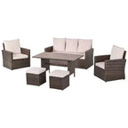 Outsunny Set da Pranzo per Esterni 6 Pezzi, Set di Mobili in Rattan Intrecciato Resistente alle Intemperie con Tavolo con Piano Effetto Legno e Cuscini Morbidi