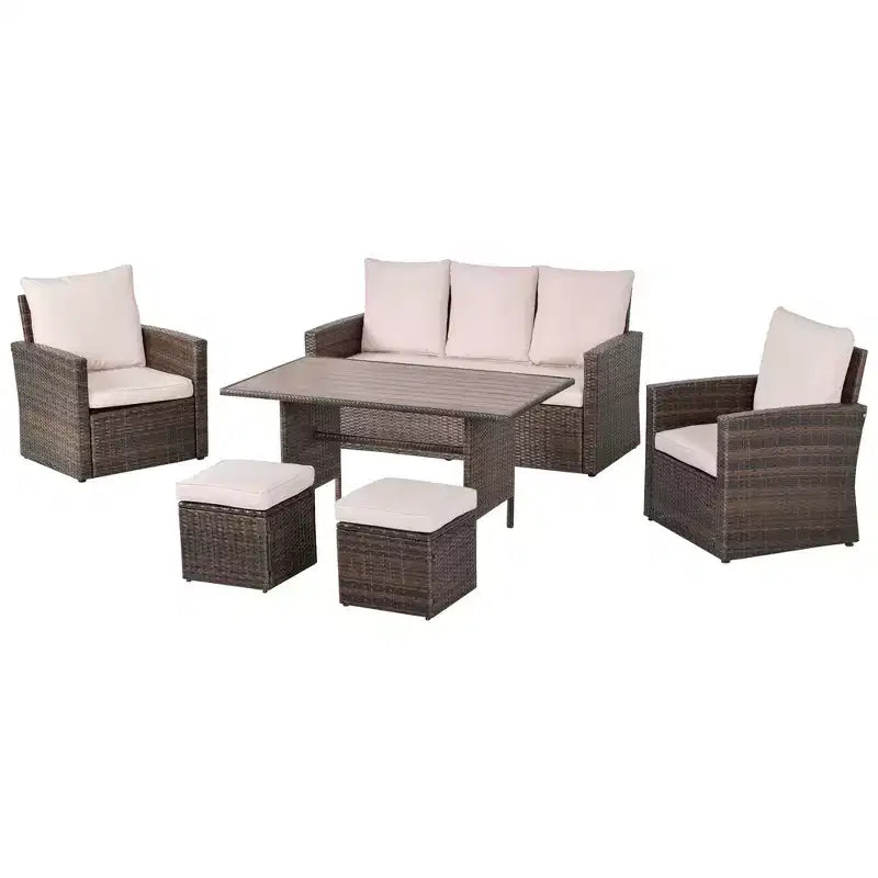 Outsunny Set da Pranzo per Esterni 6 Pezzi, Set di Mobili in Rattan Intrecciato Resistente alle Intemperie con Tavolo con Piano Effetto Legno e Cuscini Morbidi