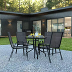 Flash Furniture Set da pranzo da esterno 5 pezzi - Tavolo da patio in vetro temperato, 4 sedie impilabili Flex Comfort