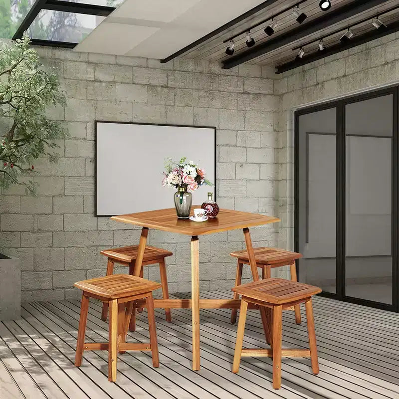 Costway Set da Pranzo da Esterno 5 Pezzi in Acacia con Tavolo Quadrato e 4 Sgabelli Marrone Rossiccio