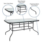 Set da 5 pezzi tavolo e sedie Emma e Oliver per patio con tavolo rettangolare in metallo 80x140 cm con piano in vetro temperato e 4 sedie impilabili in alluminio nere