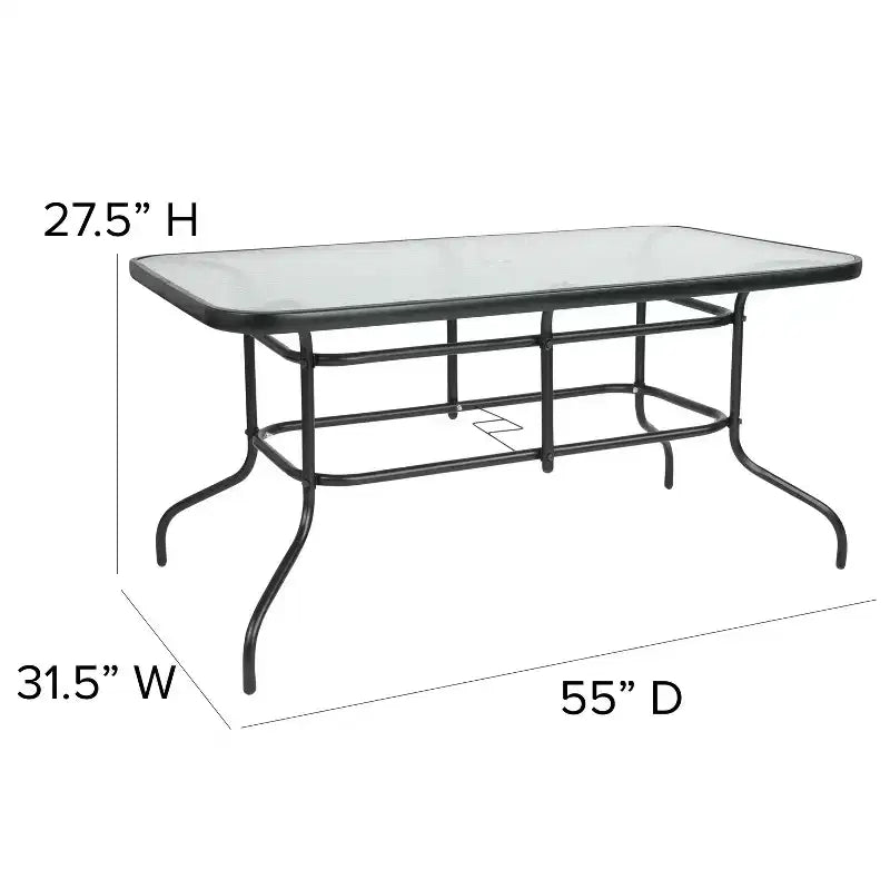 Set da 5 pezzi tavolo e sedie Emma e Oliver per patio con tavolo rettangolare in metallo 80x140 cm con piano in vetro temperato e 4 sedie impilabili in alluminio nere