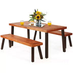 Set tavolo da picnic Costway 3 pezzi, tavolo e panca in legno di acacia con gambe in acciaio per patio esterno