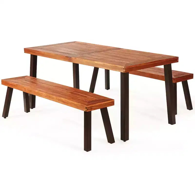 Set tavolo da picnic Costway 3 pezzi, tavolo e panca in legno di acacia con gambe in acciaio per patio esterno