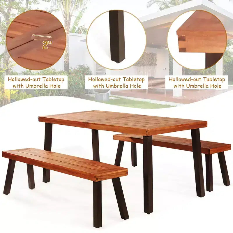 Set tavolo da picnic Costway 3 pezzi, tavolo e panca in legno di acacia con gambe in acciaio per patio esterno