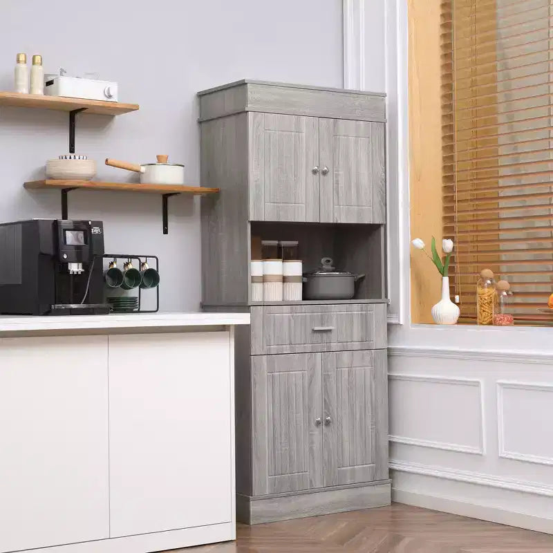 HOMCOM 72 Dispensa da Cucina con Mobile Alto, Armadio Indipendente con Cassetto Utilità, Armadietti a 2 Ante Antiribaltamento e Piano di Lavoro, Grana Legno Grigio