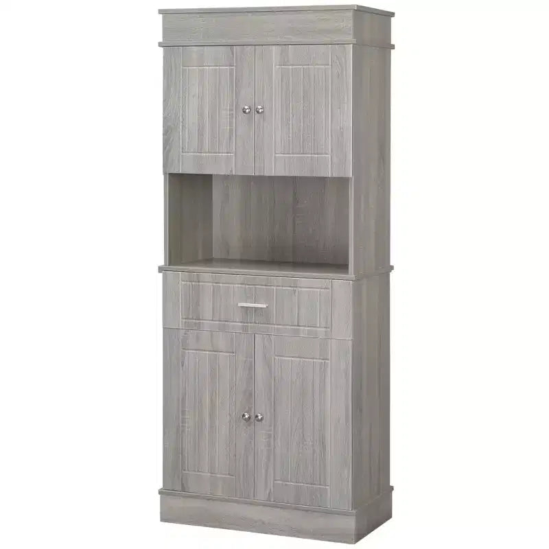 HOMCOM 72 Dispensa da Cucina con Mobile Alto, Armadio Indipendente con Cassetto Utilità, Armadietti a 2 Ante Antiribaltamento e Piano di Lavoro, Grana Legno Grigio